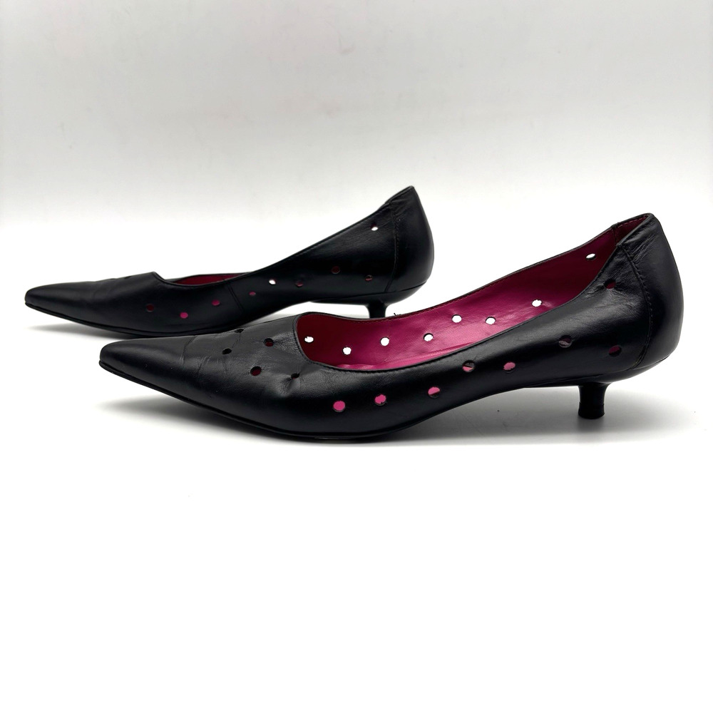 1980s San Reno 'KATI' Black Holey Leather Point Toe Kitten Heel Pump 6.5B Brazil - Picture 6 of 15